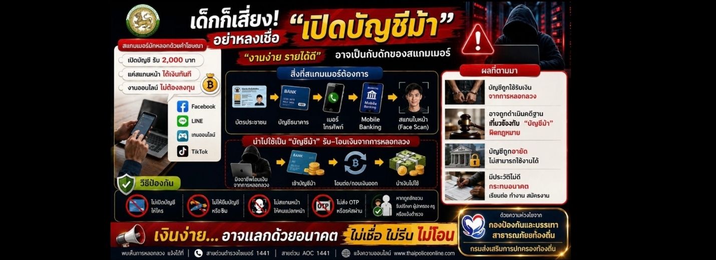 การสร้างความรู้ความเข้าใจเพื่อป้องกันการหลอกลวงทางออนไลน์ (Scammer) "เด็กก็เสี่ยง อย่าหลงเชื่อ เปิดบัญชีม้า"