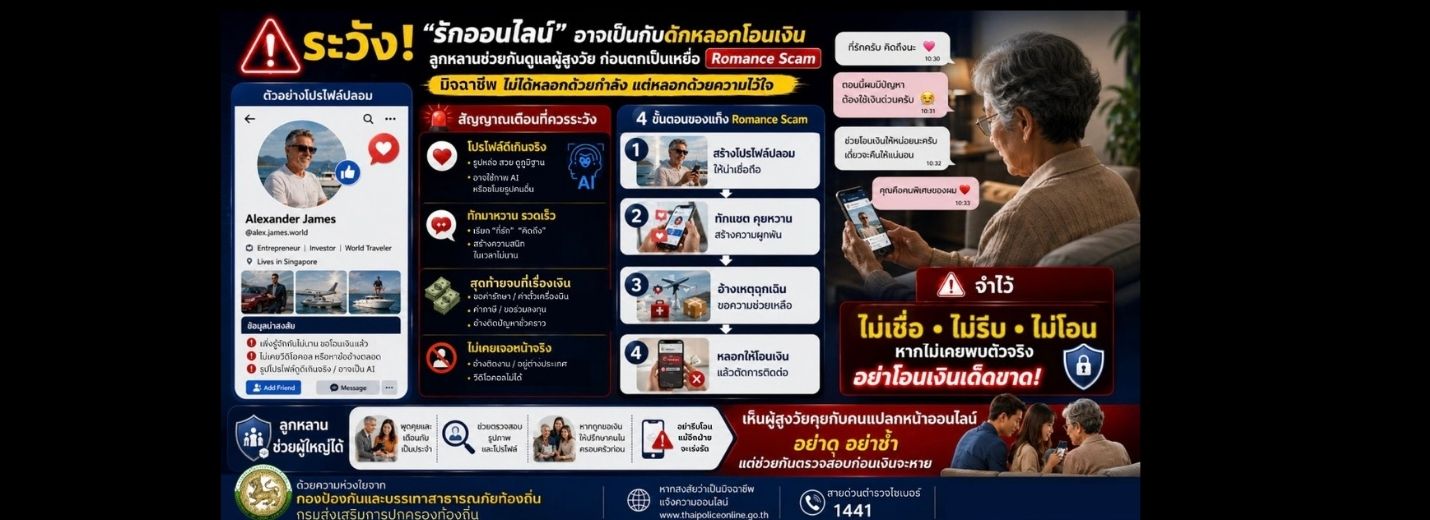 การสร้างความรู้ความเข้าใจเพื่อป้องกันการหลอกลวงทางออนไลน์ (Scammer) "ระวัง รักออนไลน์ อาจเป็นกับดักหลอกโอนเงิน"